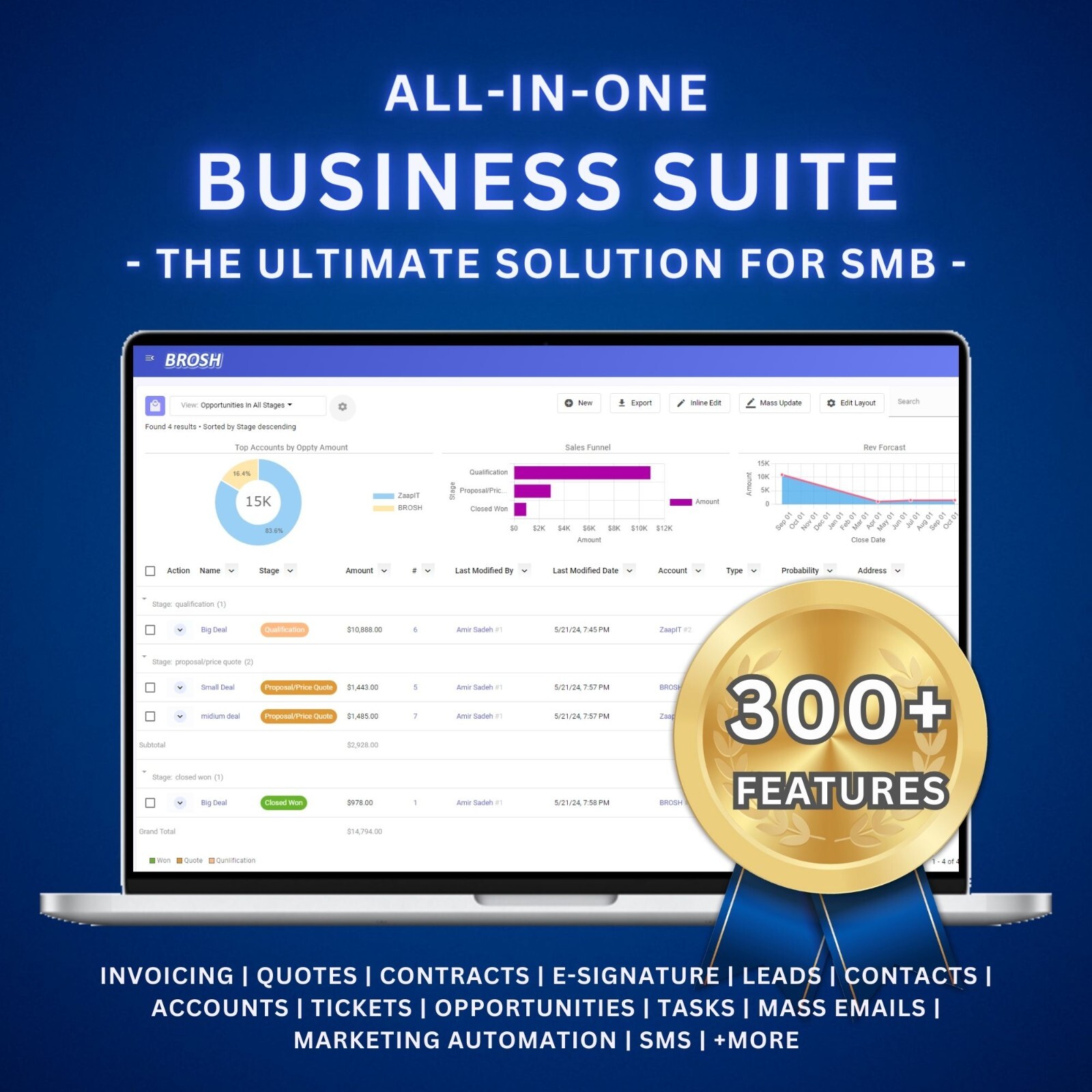 Small Business CRM, Contract Management, E-Signature, whatsapp+sms+Mass email