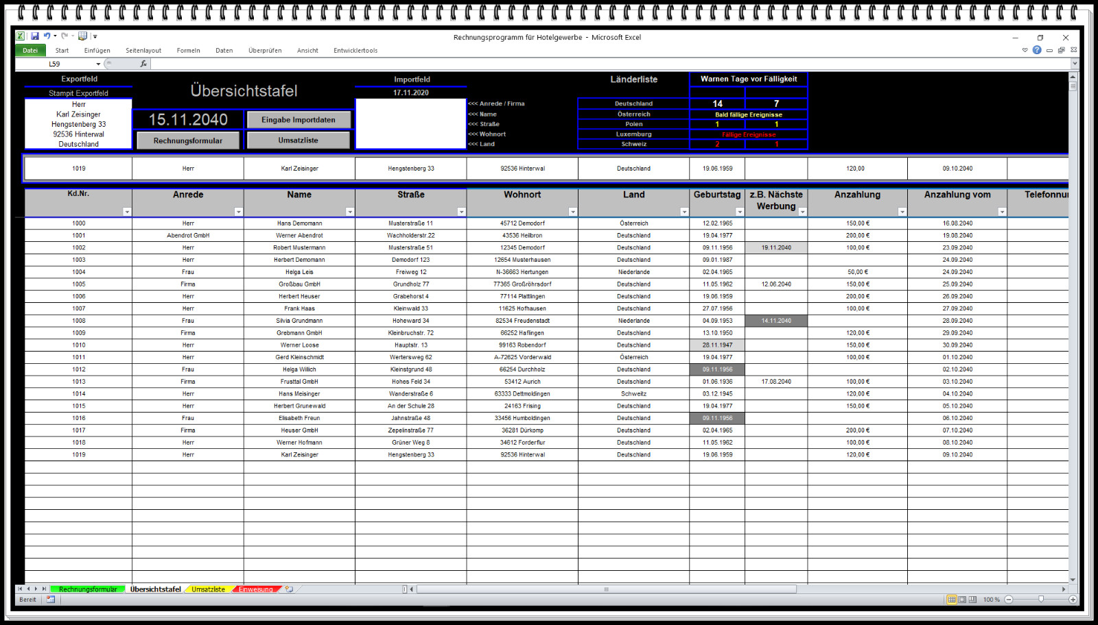 Rechnungen erstellen Hotelfach Hotel Fehrienwohnung FeWo Rechnungssoftware Excel