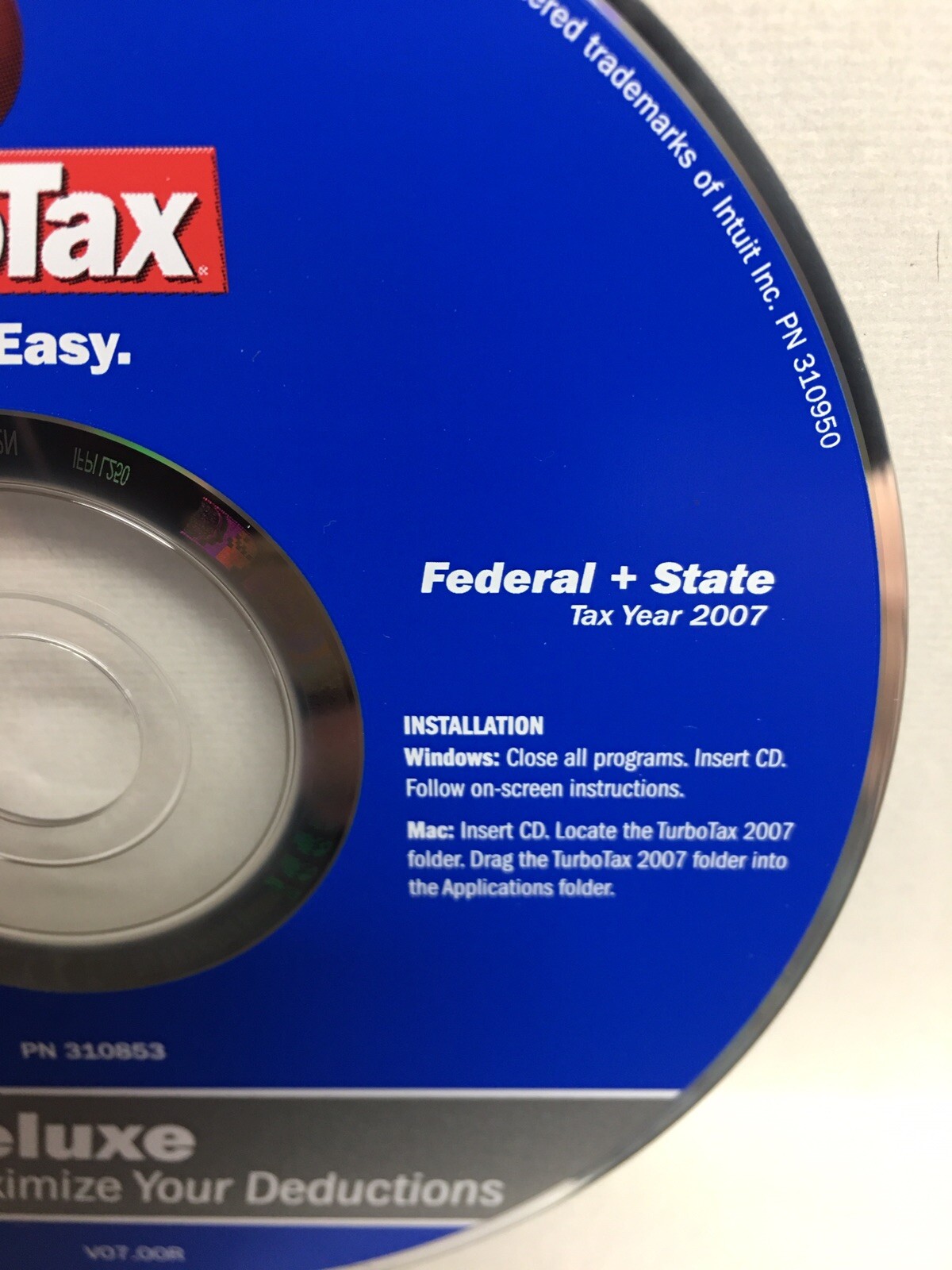 Turbo Tax Deluxe Federal & State Return Software for PC 2007 New Unused No Box
