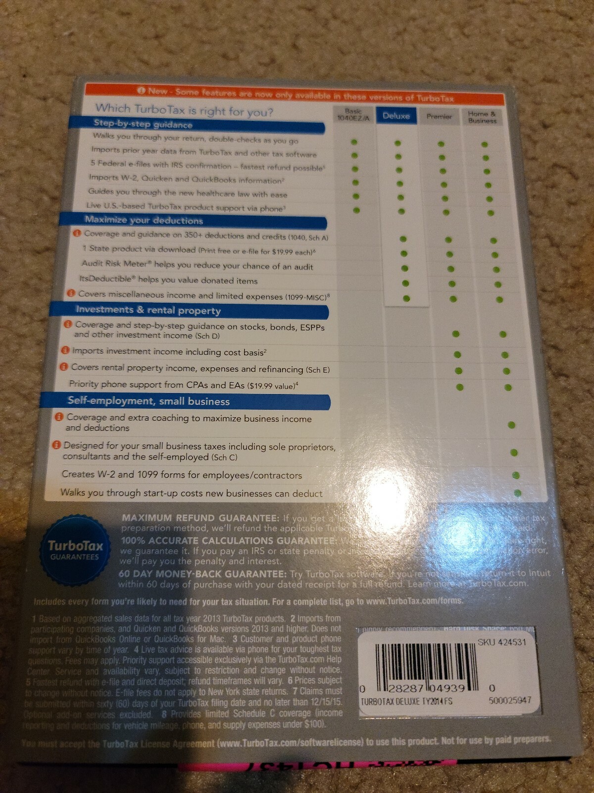2014 Turbotax Deductions & Homeowners Deluxe Federal & State Intuit new READ
