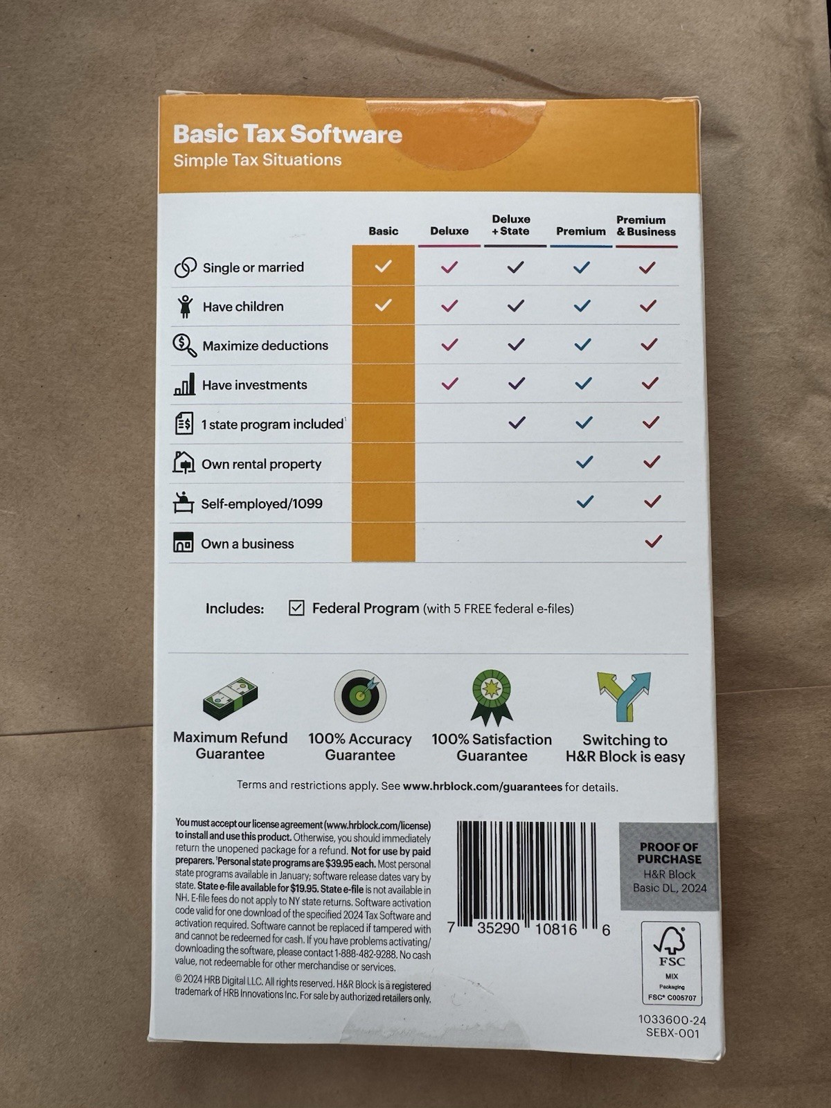 H&R Block Tax Software Basic 2024 PC/Mac [Key Card]