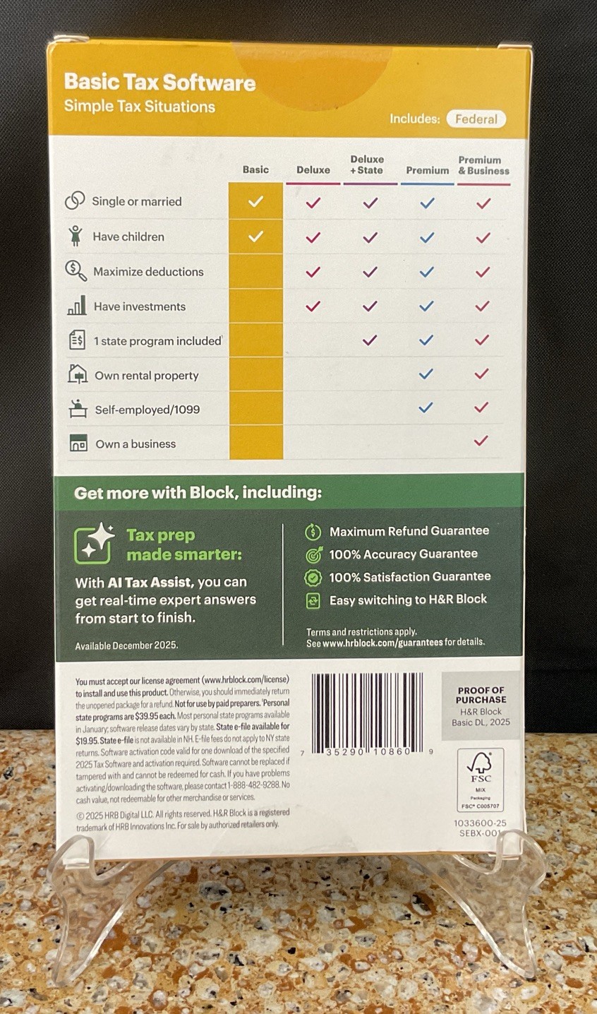 H&R Block 2025 Basic Tax Software PC/Mac – Key Card