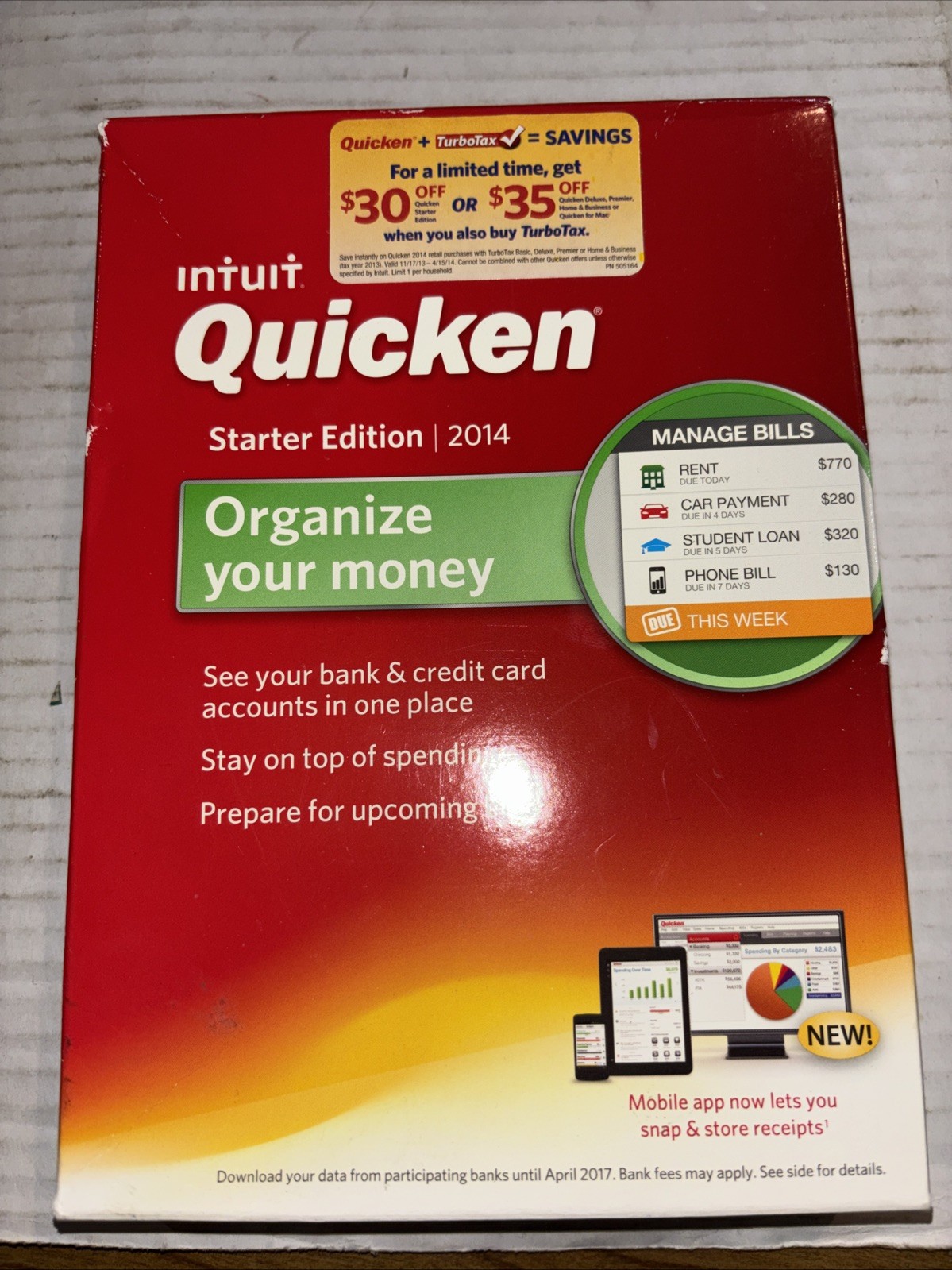 Intuit Quicken 2014 Starter Edition Orginize Your Money For XP SP3 / Vista 7 & 8