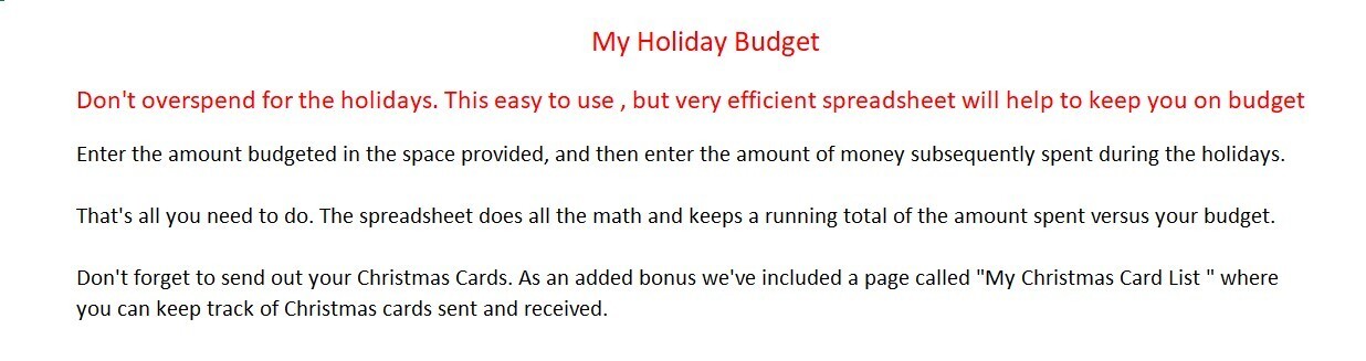 My Holiday Budget, Excel Spreadsheet, for PC or Android +Free Checkbook Register