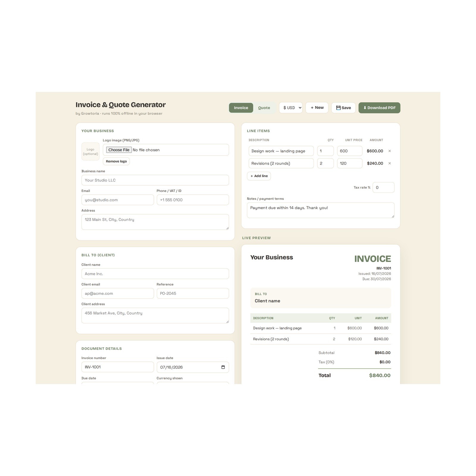 Invoice Generator Software Small Business Billing Estimate Quote Maker PDF