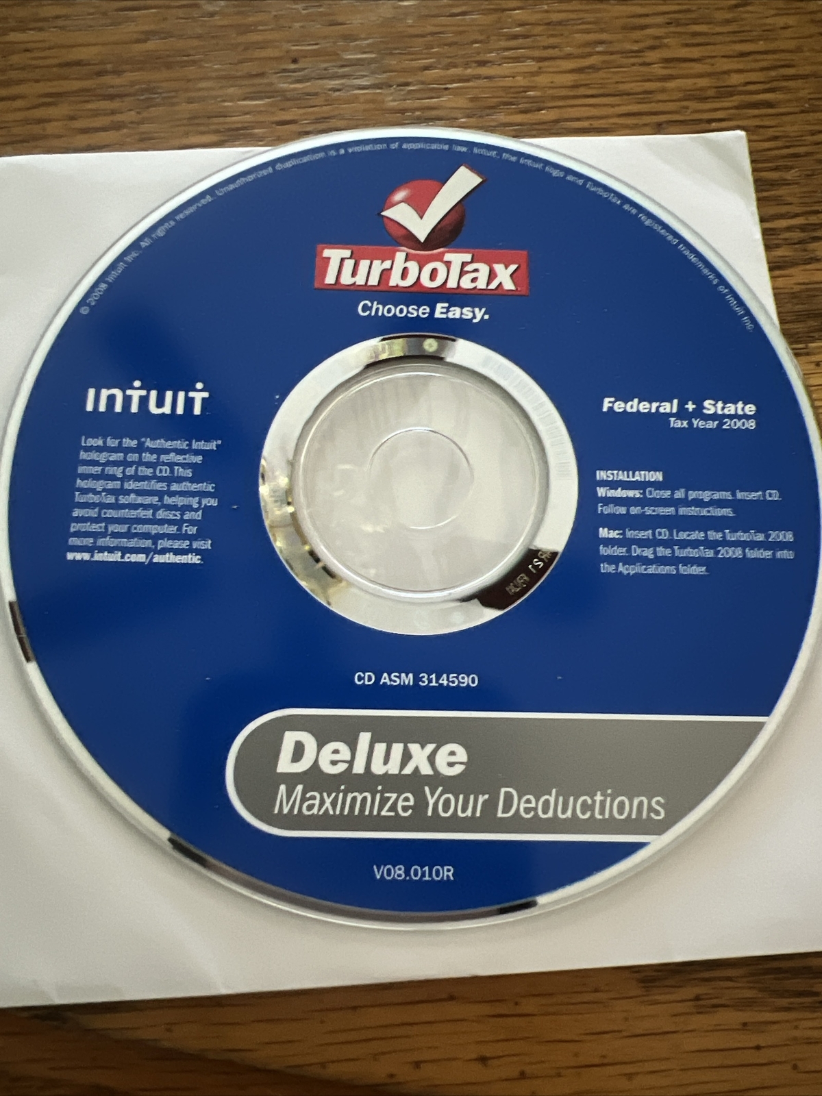 2008 Turbo Deluxe Federal & State CD No Box Windows & Mac