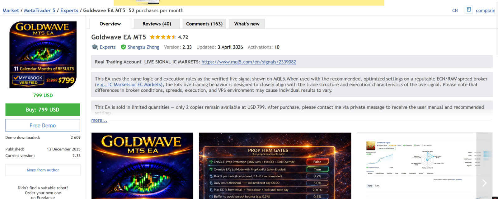 v2.35 Goldwave EA Metatrader MT5 Gold Bot Trading Forex Robot prop firm