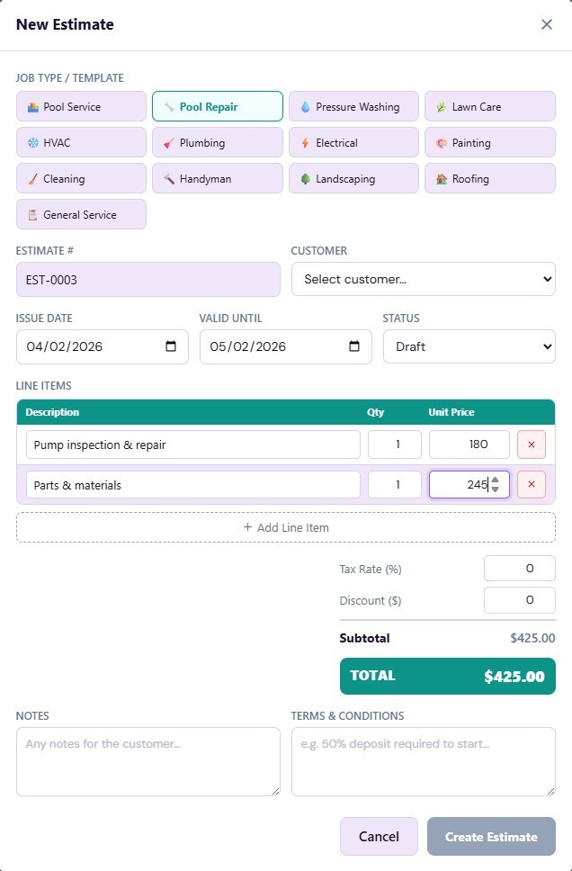 Invoice Maker Software Windows – Estimates, Service Log, AI Receipts