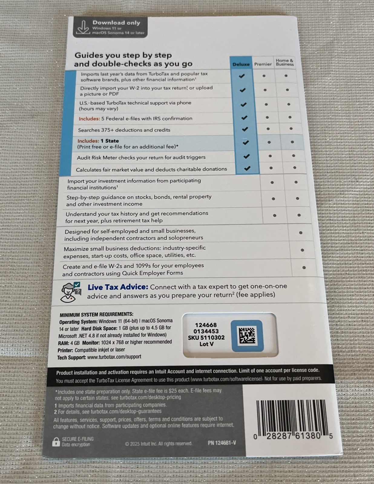 TurboTax Deluxe Desktop 2025 Federal & State Tax Return Product Key Card Desktop