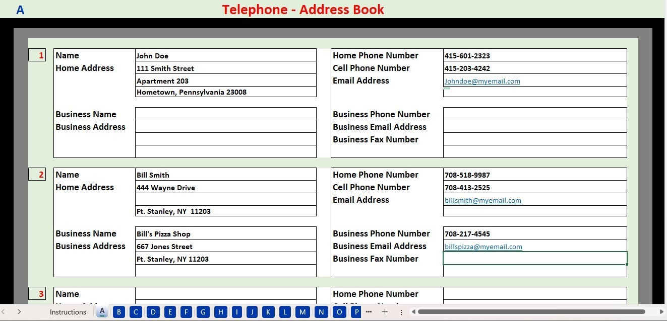Telephone Address Book Excel Spreadsheet for PC or Android +FREE Checkbook Reg.