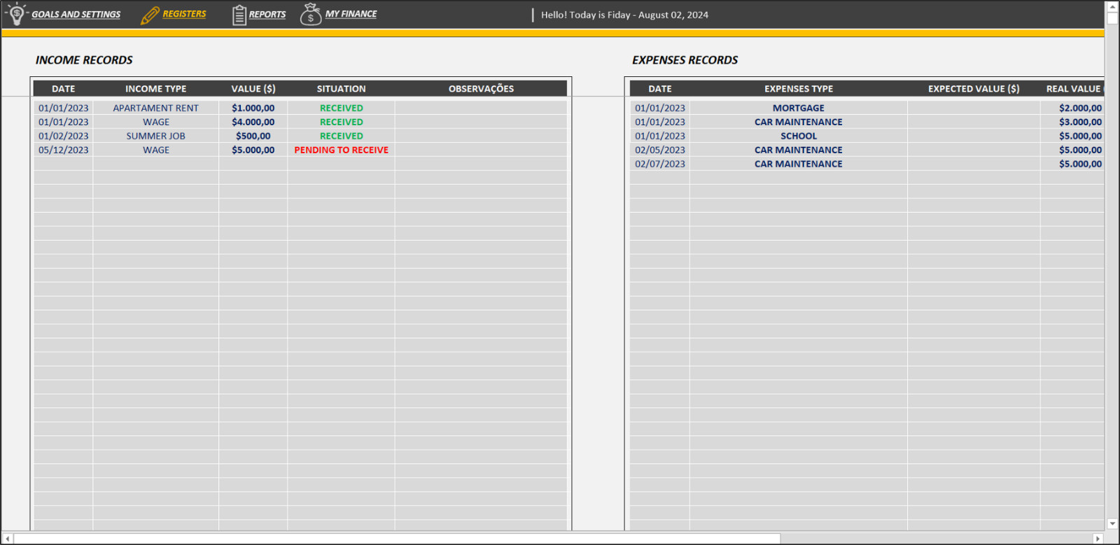 spreadsheet finance template
