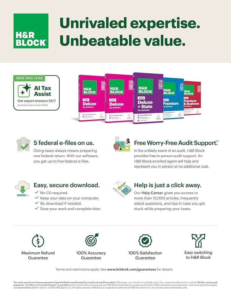 H&R Block Tax Software Deluxe + State 2025 Key Card