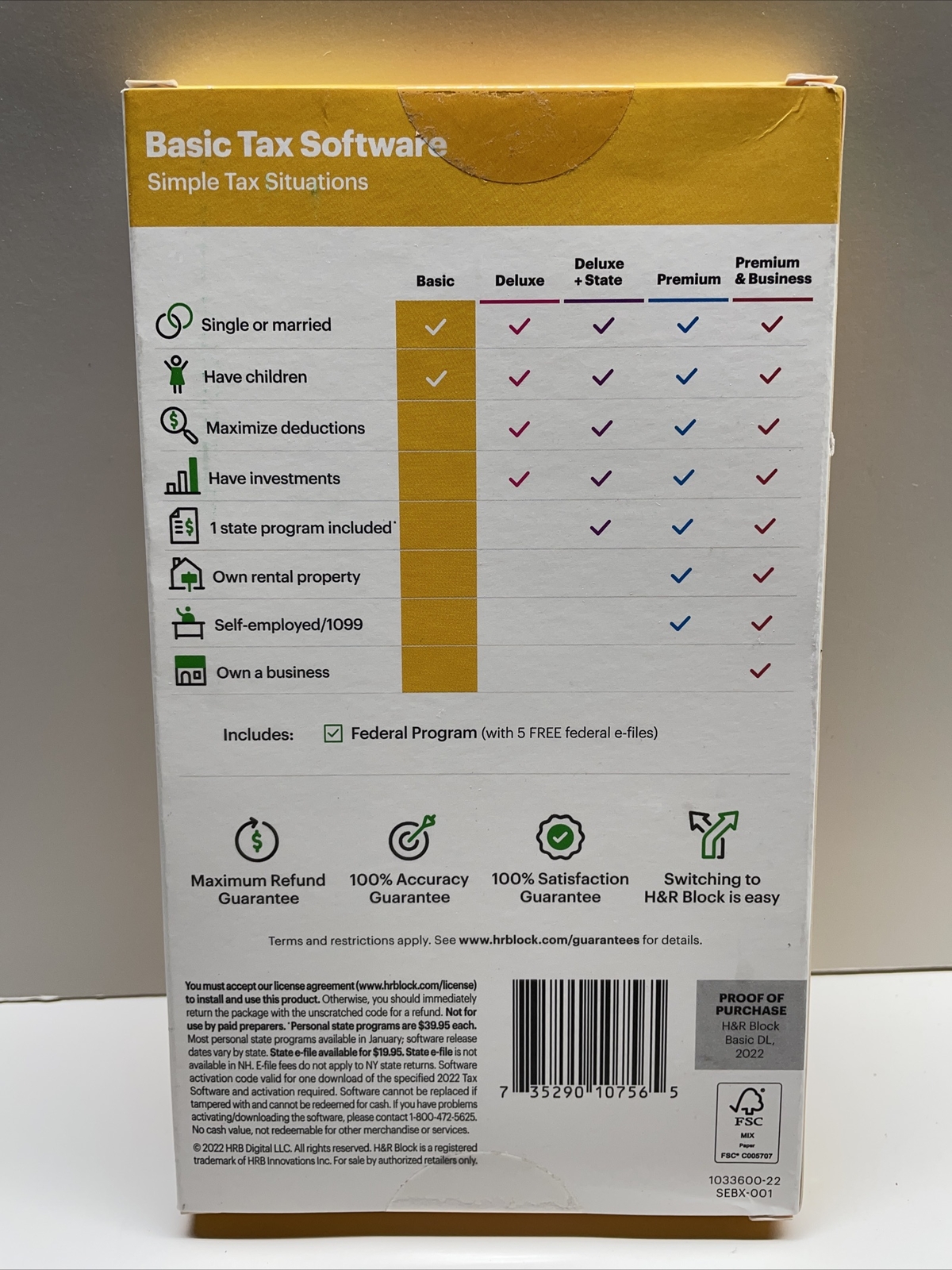 H&R Block 2022 Tax Software – Basic Simple Tax Situations PC/MAC ~ SEALED BOX