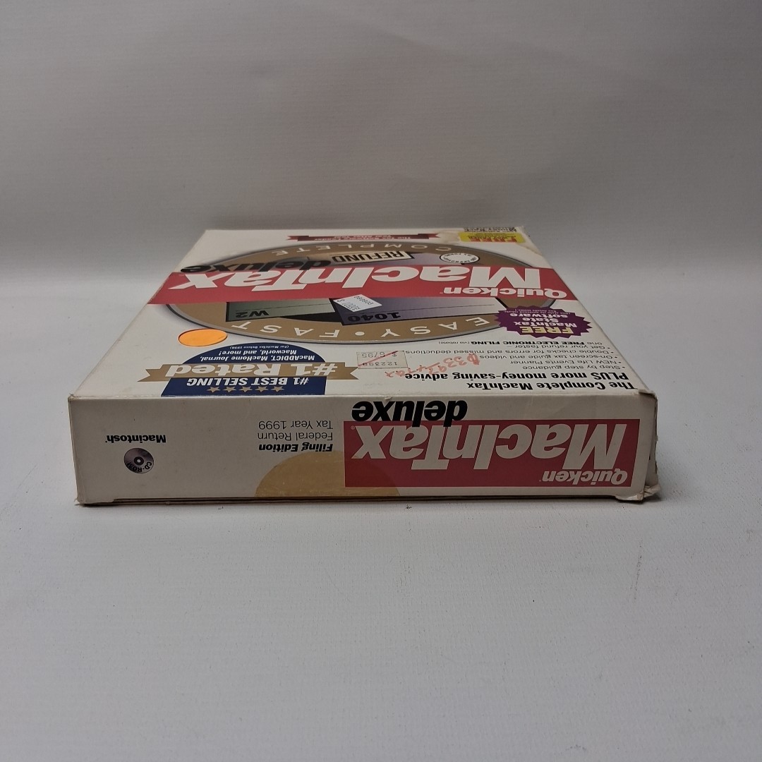 1999 Quicken MacInTax Deluxe in Big Box Complete Federal/State CD disc Vintage