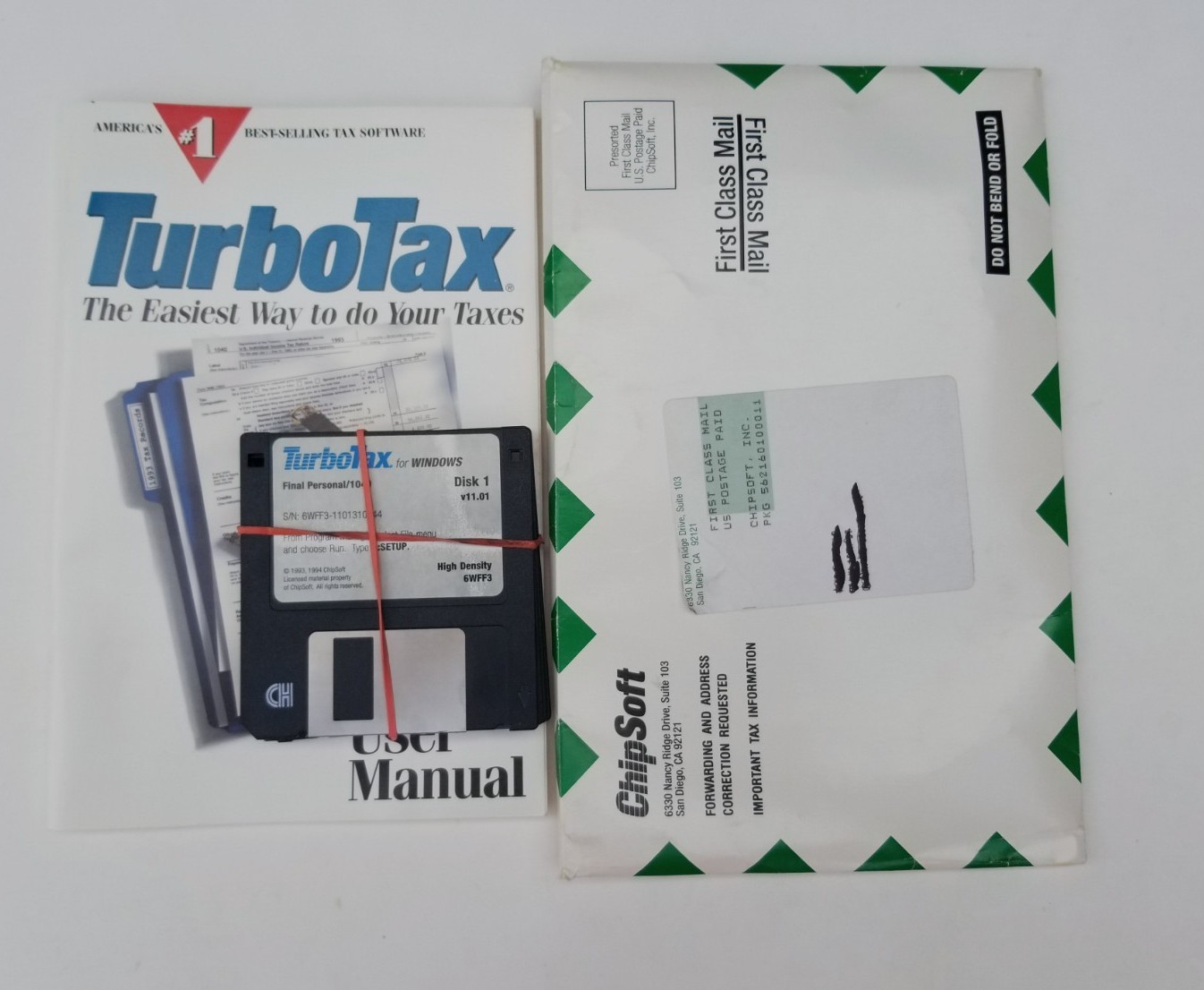 ChipSoft’s TurboTax 1993 User Manual & 4 3.5″ disks Software & Mail Envelope