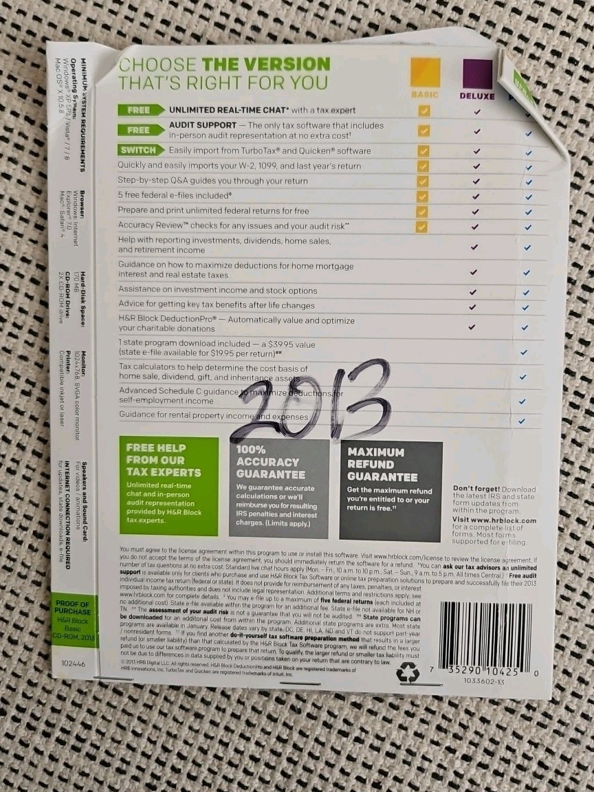 Orig Owner H&R Block Tax Software DISC, Activation Code Filing Ed Tax Year 2013