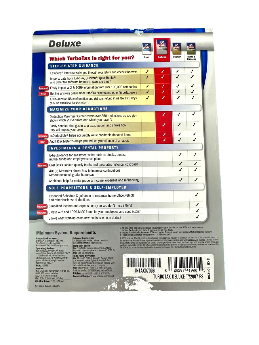 TurboTax Deluxe Federal+State Tax Year 2007 For Windows & MAC