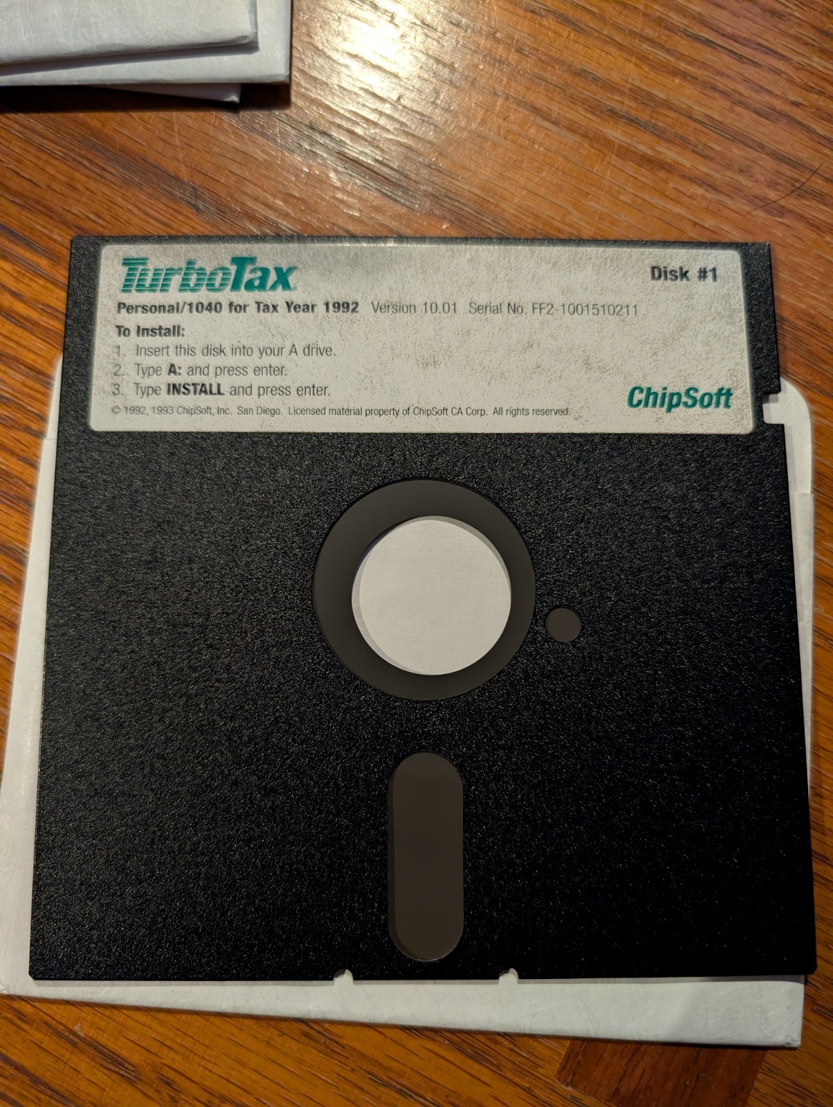 TurboTax Personal 1040 Tax Year 1992 Version 10.01 ChipSoft 5.25″ Floppy 1 2 3 4