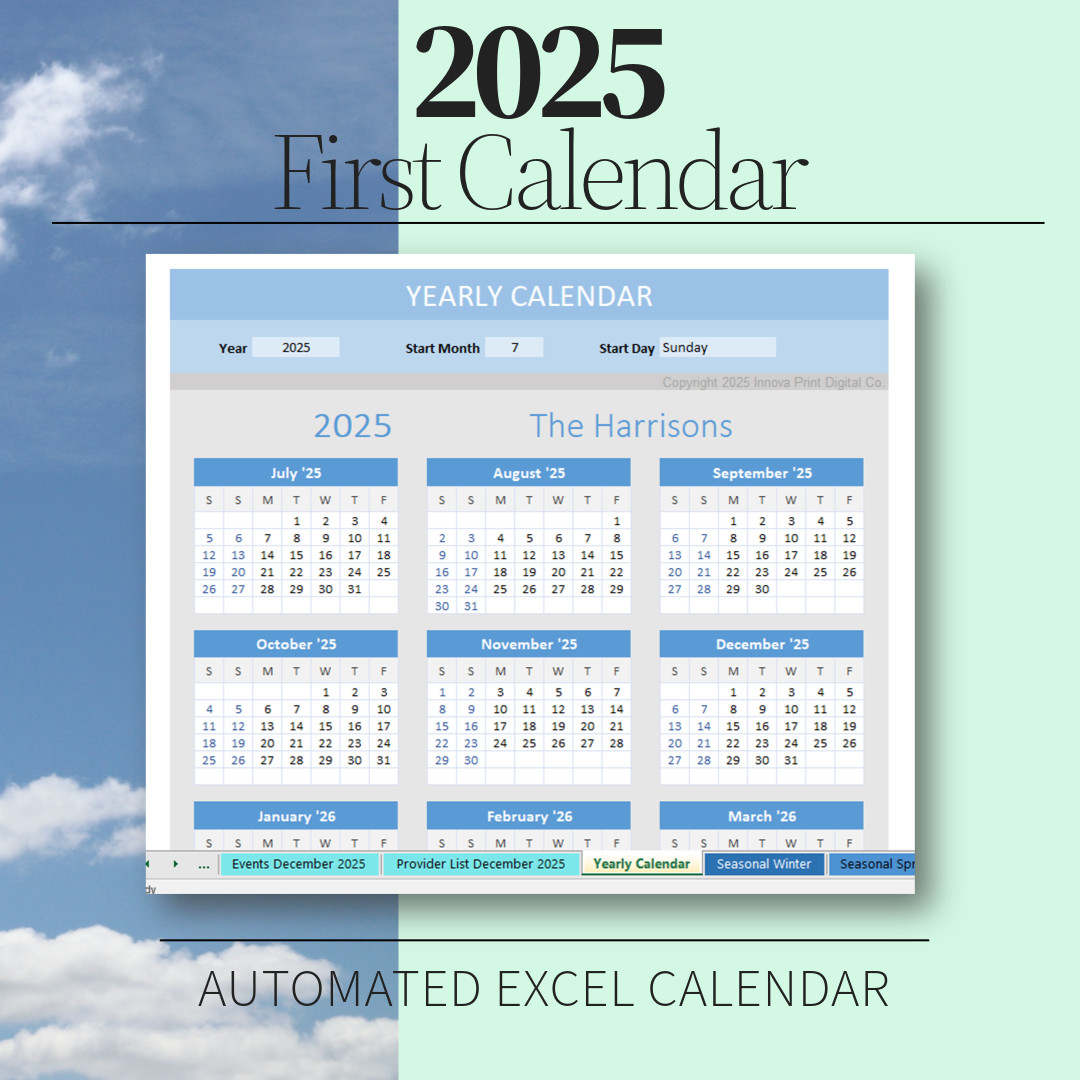 Excel Simple Customizable Automated First Calendar 2025 Scheduling