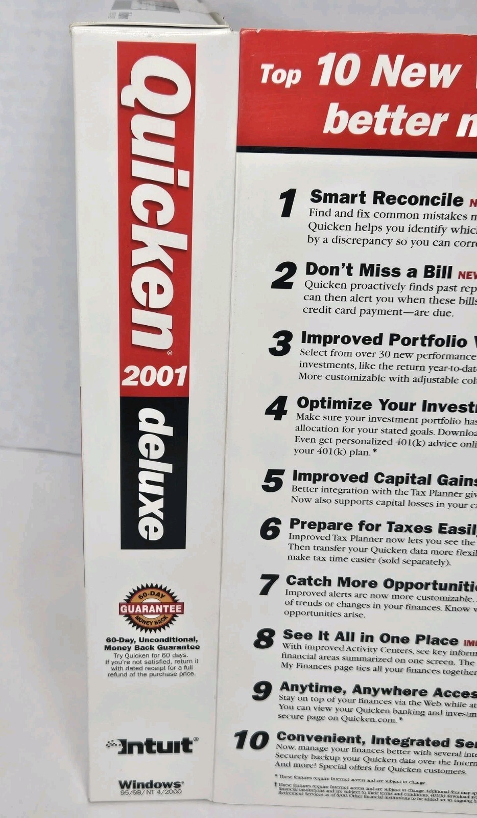 Quicken 2001 Deluxe Windows 95/98/NT 4/2000 Big Box Brand New Sealed PC CD-ROM