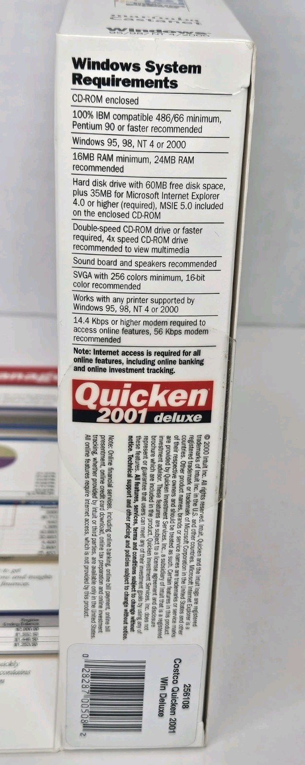 Quicken 2001 Deluxe Windows 95/98/NT 4/2000 Big Box Brand New Sealed PC CD-ROM