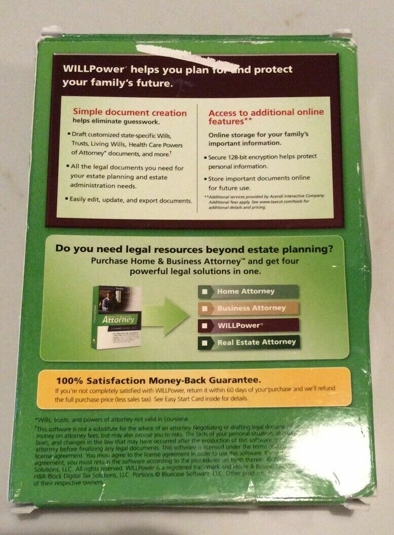 H&R Block Will Maker Power Plus Living Trust Software NEW by J Adams WillPower