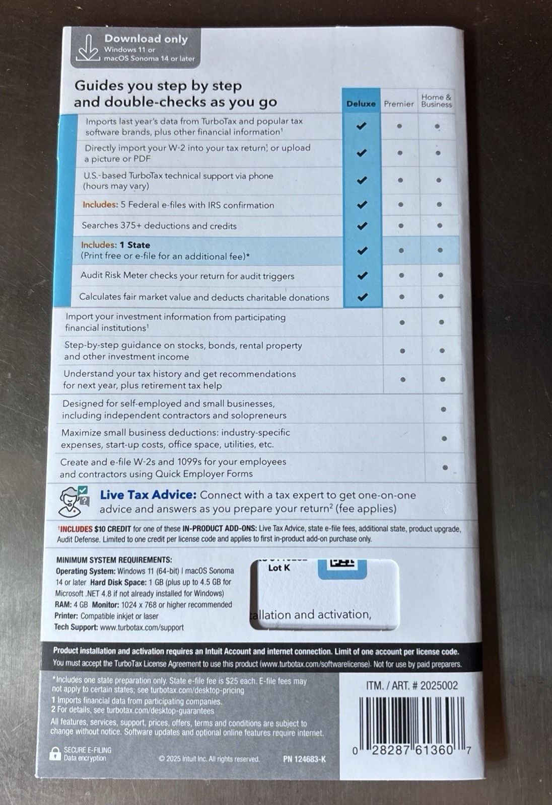 2025 TurboTax Deluxe Tax Software Fed State,Win Mac,Physical key card,Ships USPS