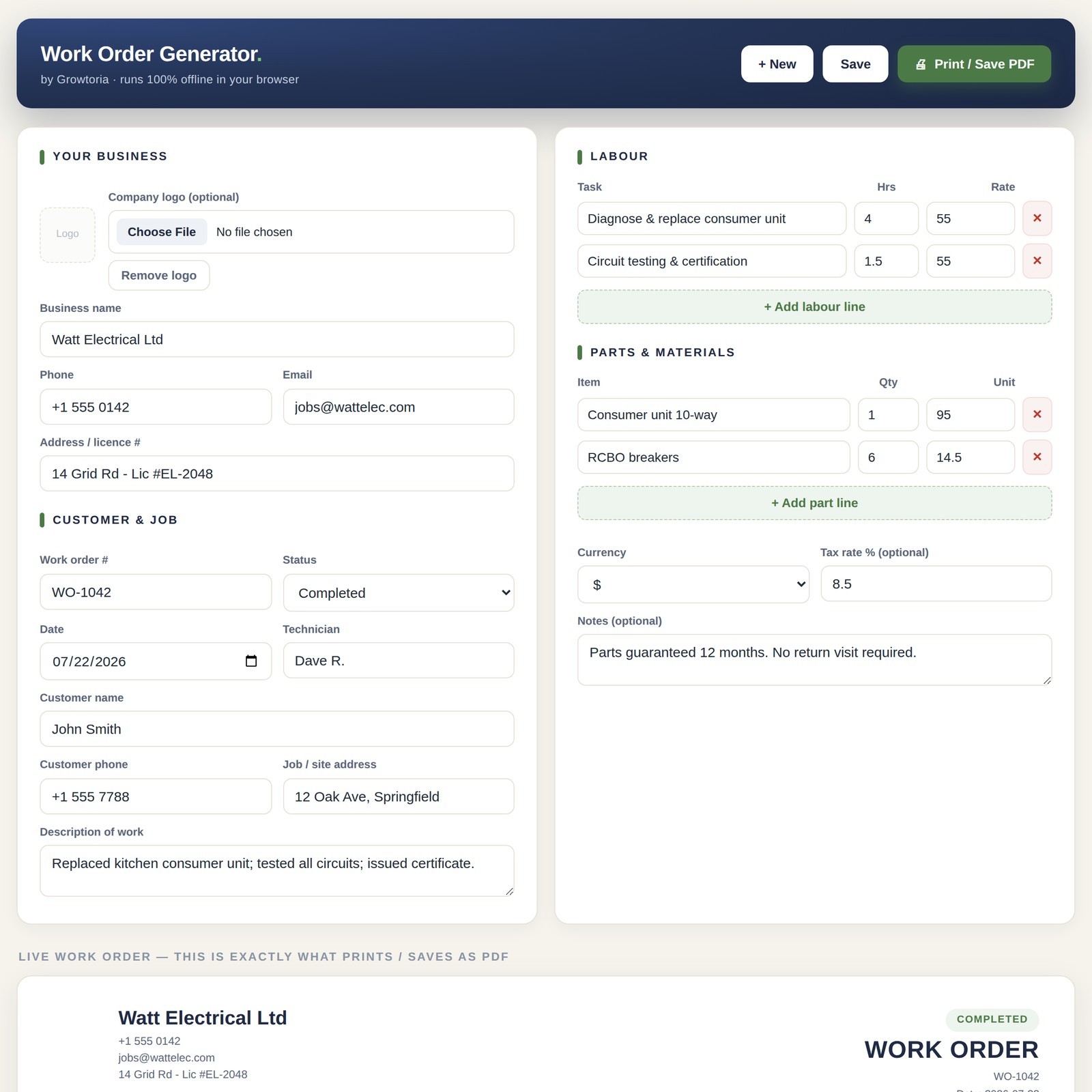 Work Order Generator Software Job Sheet Maker App Contractor Trades Electrician