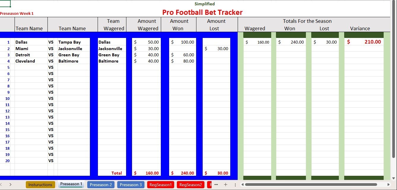 Pro Football Bet Tracker Excel Spreadsheet for PC or Android, BOGO See Descript.