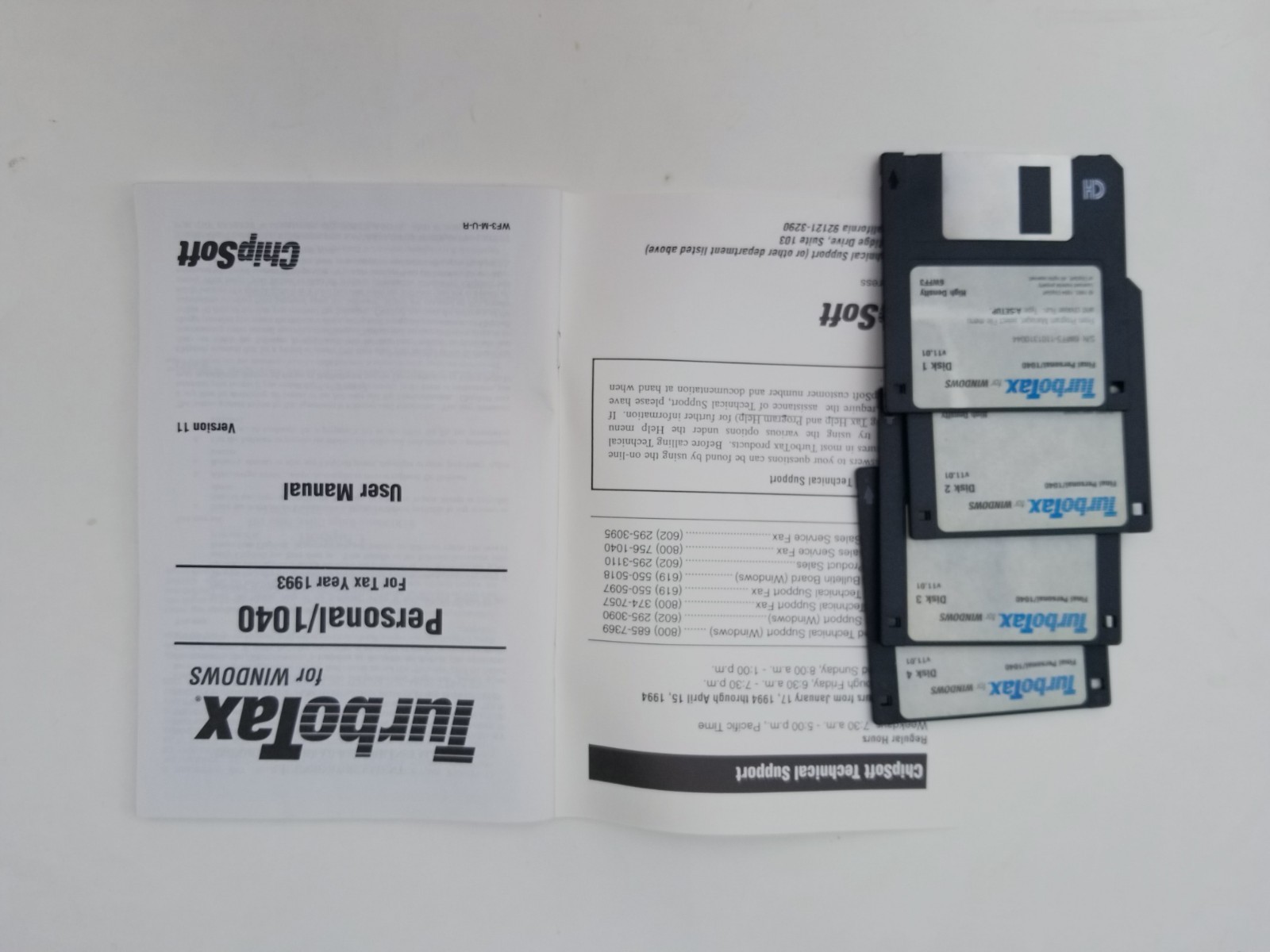 ChipSoft’s TurboTax 1993 User Manual & 4 3.5″ disks Software & Mail Envelope