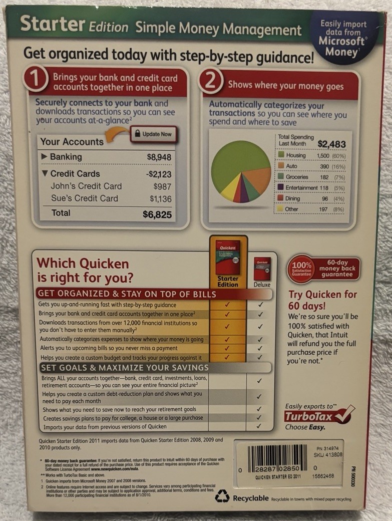 Quicken 2011 Starter Edition: Simple Money Mgt Software Win 7, XP SP2+, & Vista.