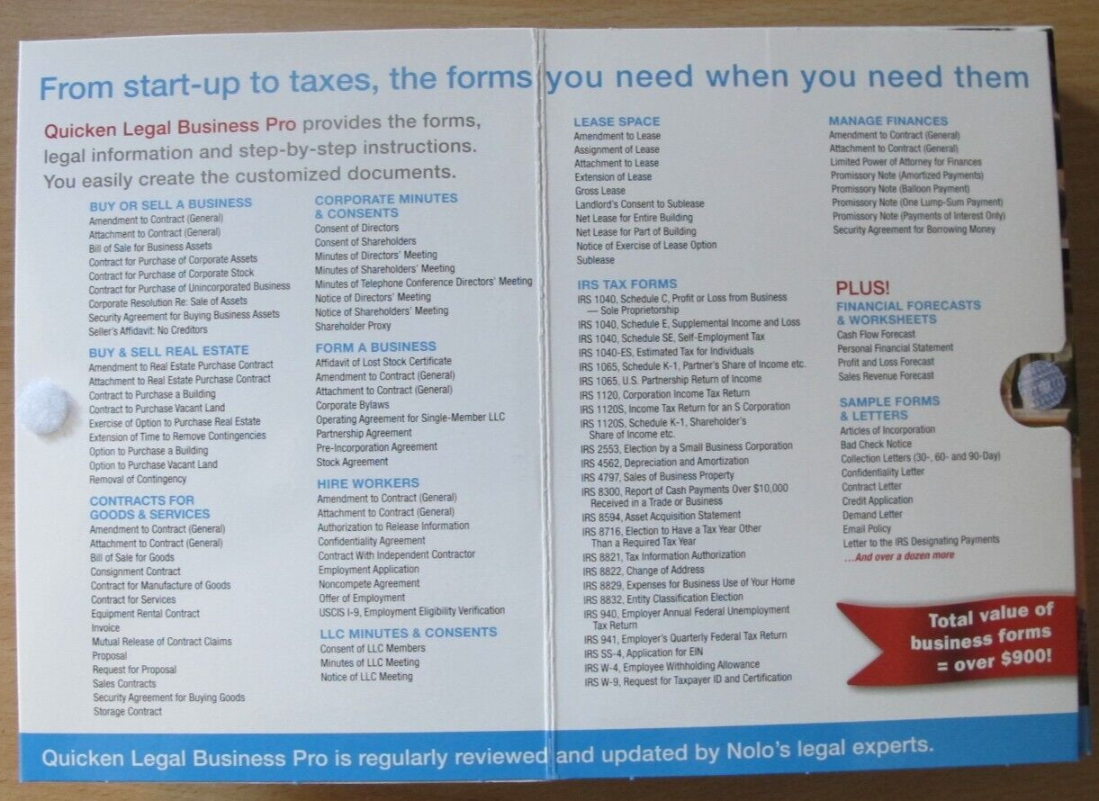 Quicken Nolo Legal Business Pro 2012 Contracts Forms Taxes Windows 10 , 7 ,Vista