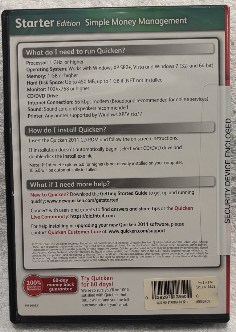 Quicken 2011 Starter Edition: Simple Money Mgt Software Win 7, XP SP2+, & Vista.