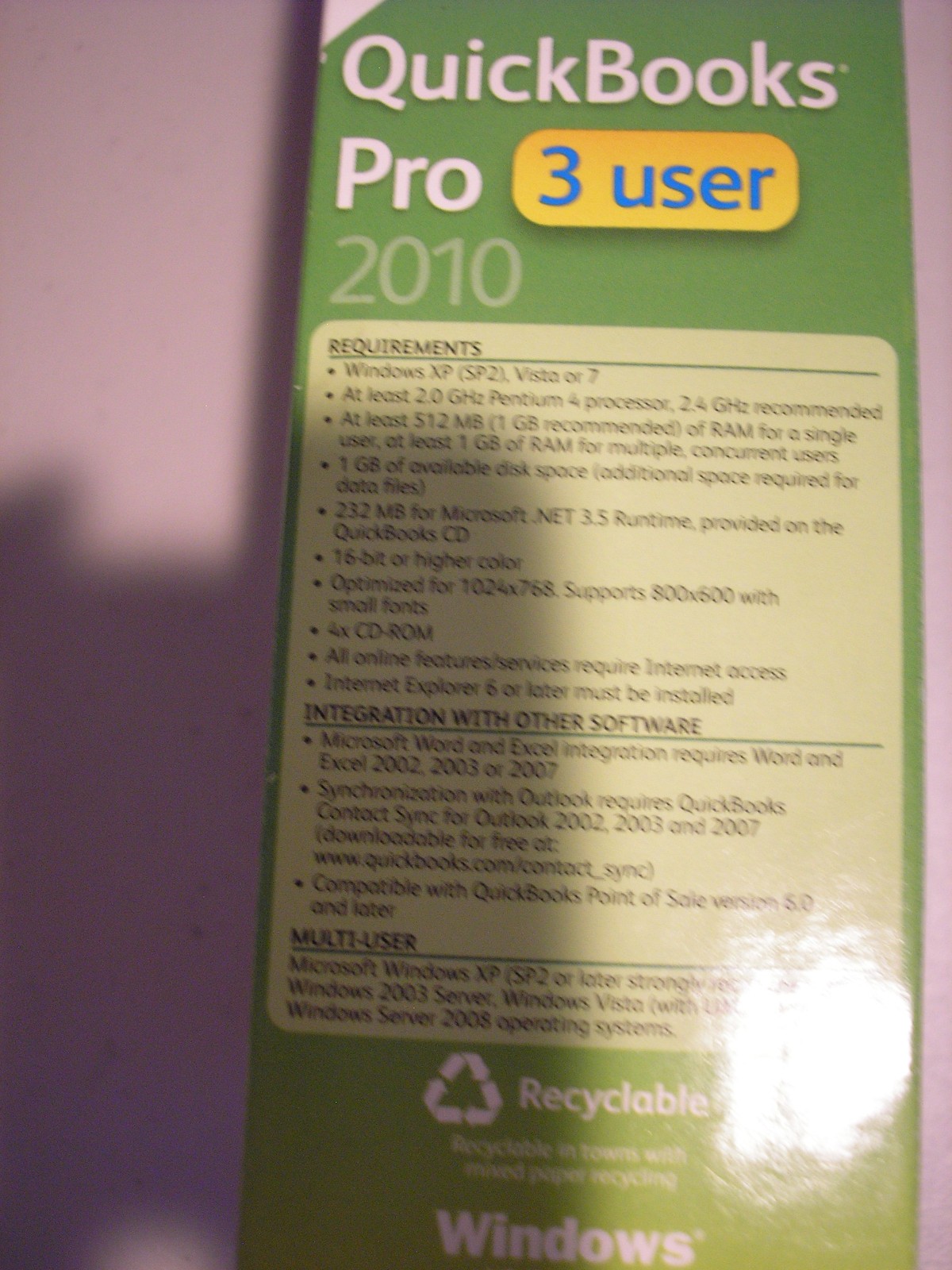 =3 USER VERSION= INTUIT QUICKBOOKS PRO 2010 FOR WINDOWS PC =LIFETIME LICENSE=