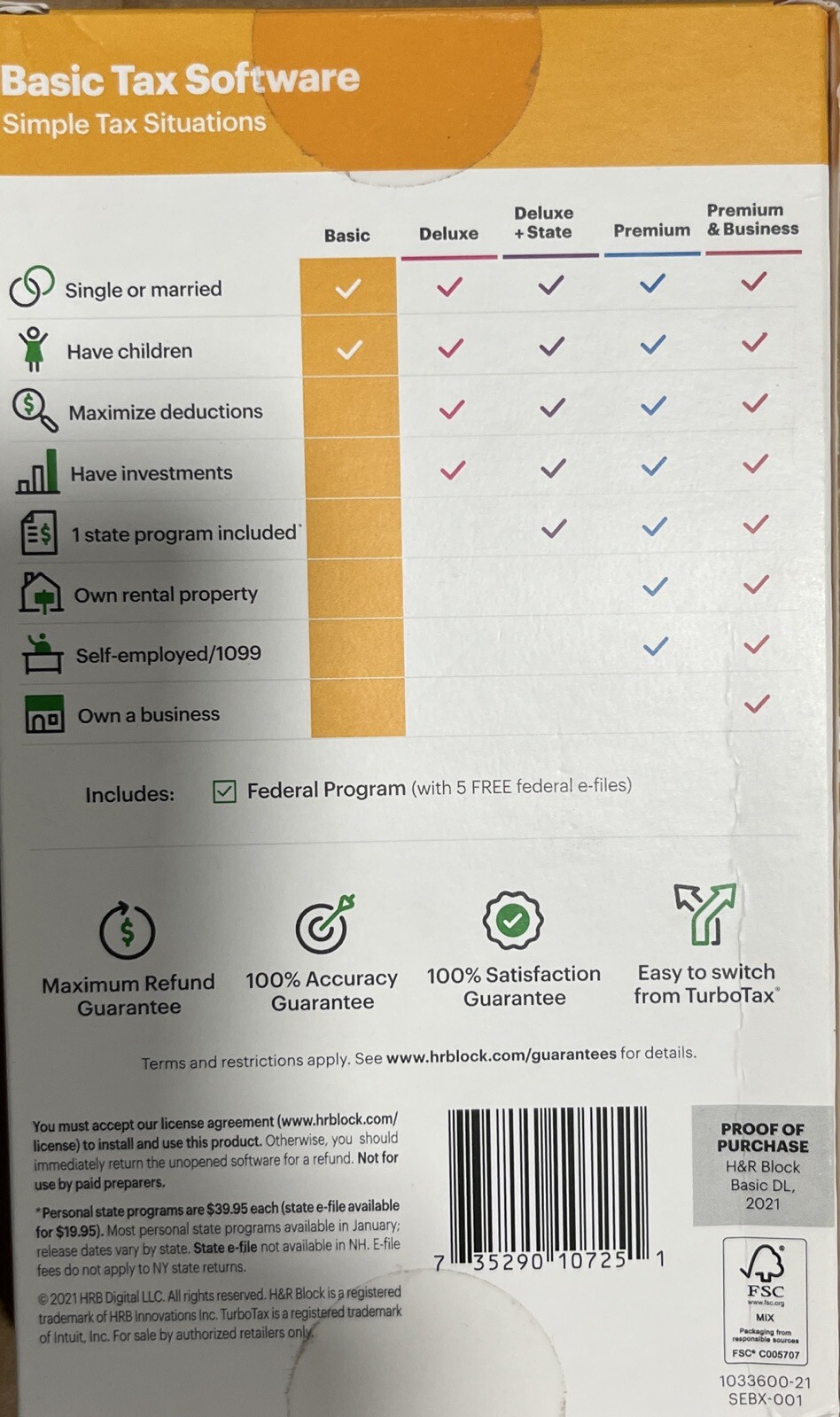 H&R Block 2021 Tax Software – Basic Tax Situations PC/MAC