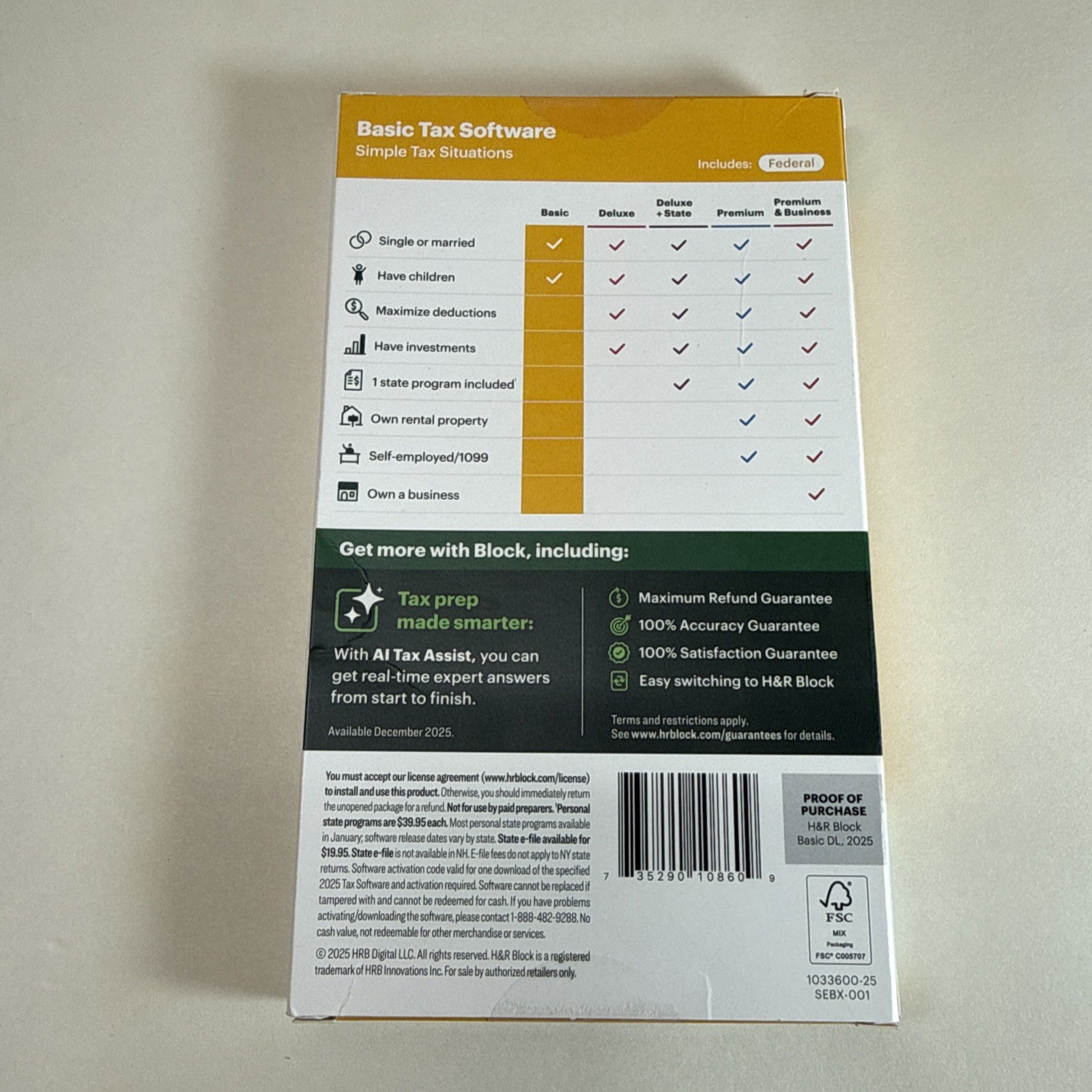 H&R Block Tax Software Basic 2025 PC/Mac [Key Card] NEW