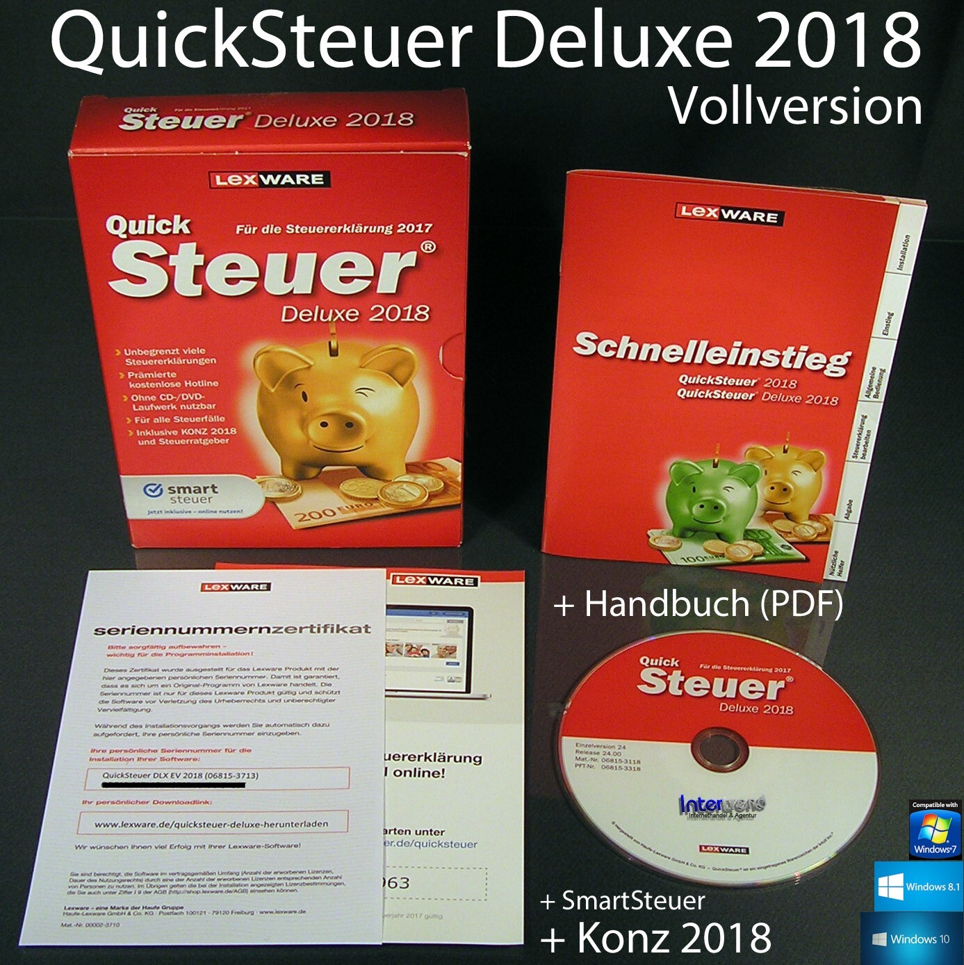 Lexware QuickSteuer Deluxe 2018 Full Version Box CD Manual + Konz Tax Year 2017