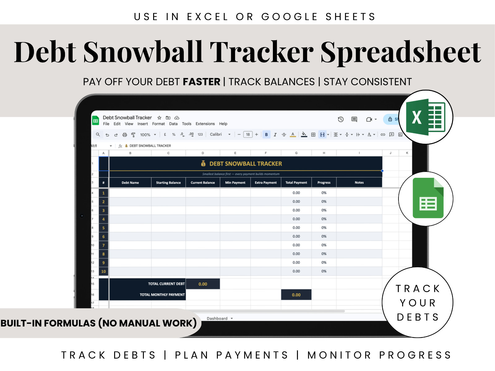 Debt Snowball Tracker Excel | Visual Debt Payoff Spreadsheet with Progress Bars