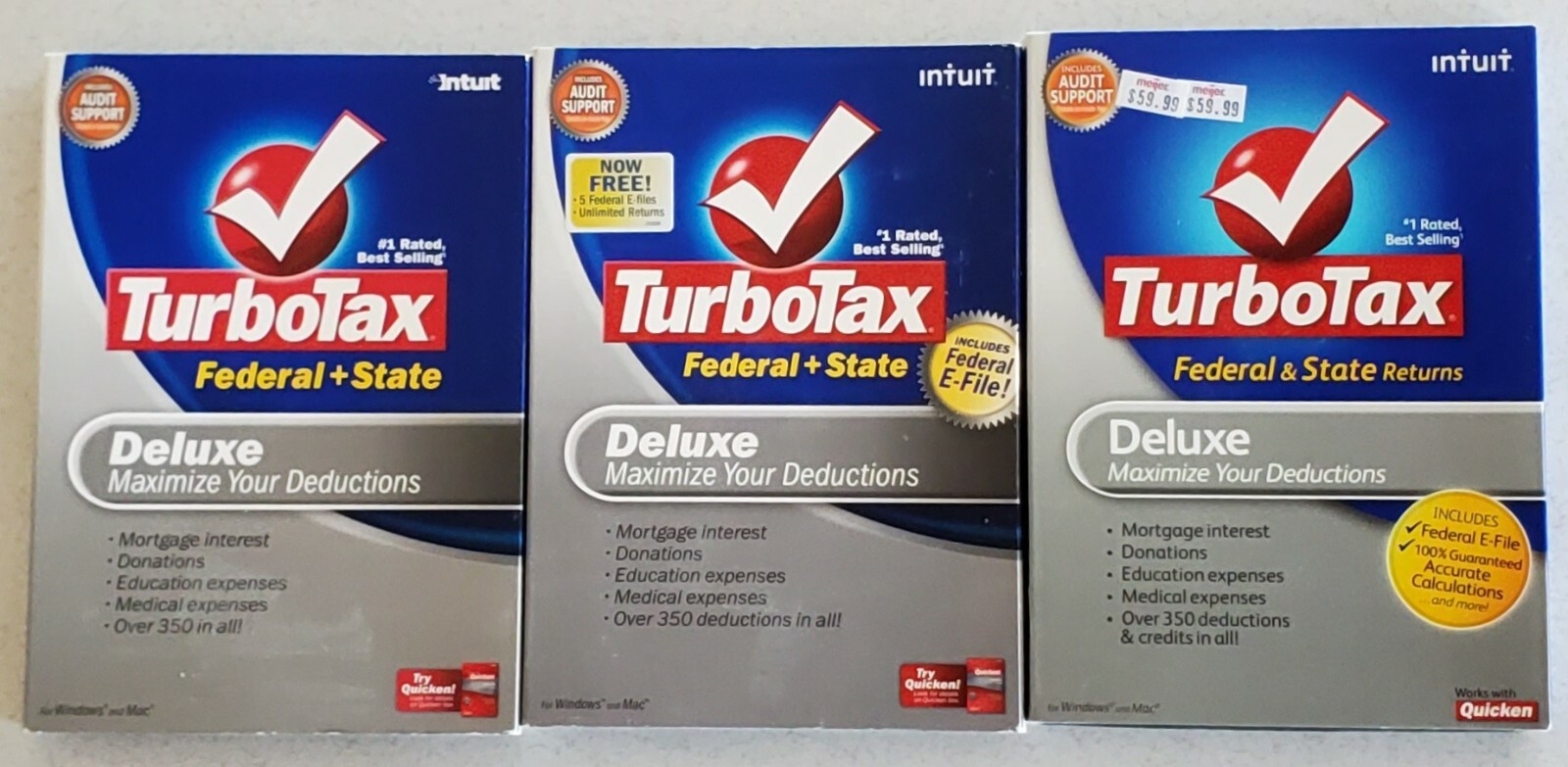 3 CDs for FEDERAL RETURN 2007 2008 2009 TURBOTAX Deluxe CD Windows & Mac
