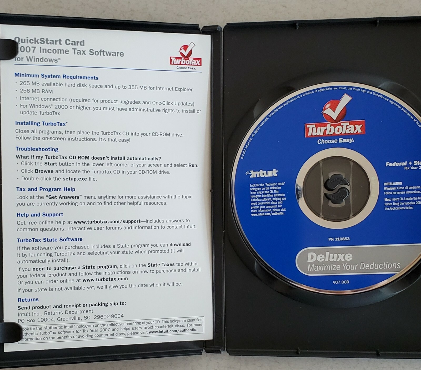 3 CDs for FEDERAL RETURN 2007 2008 2009 TURBOTAX Deluxe CD Windows & Mac