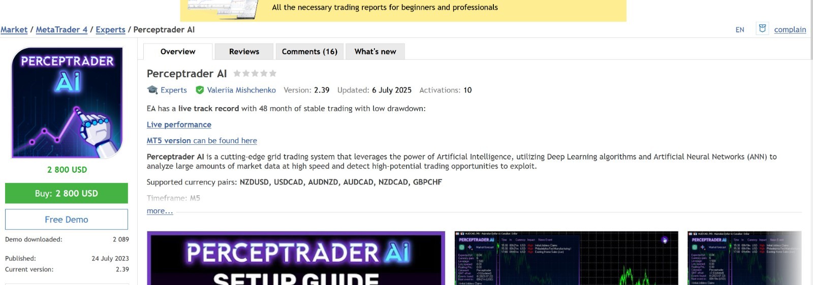 v2.43 Perceptrader AI Forex EA MT5 metatrader algo trading robot scalping ftmo