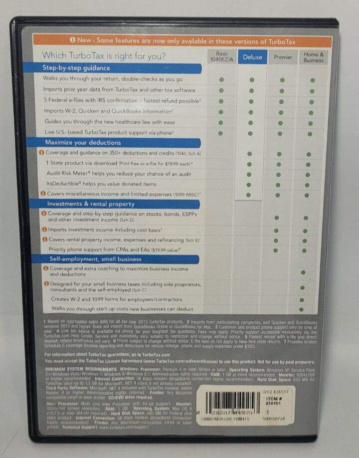 2014 TurboTax Deductions and Homeowners Federal Returns, E file plus State