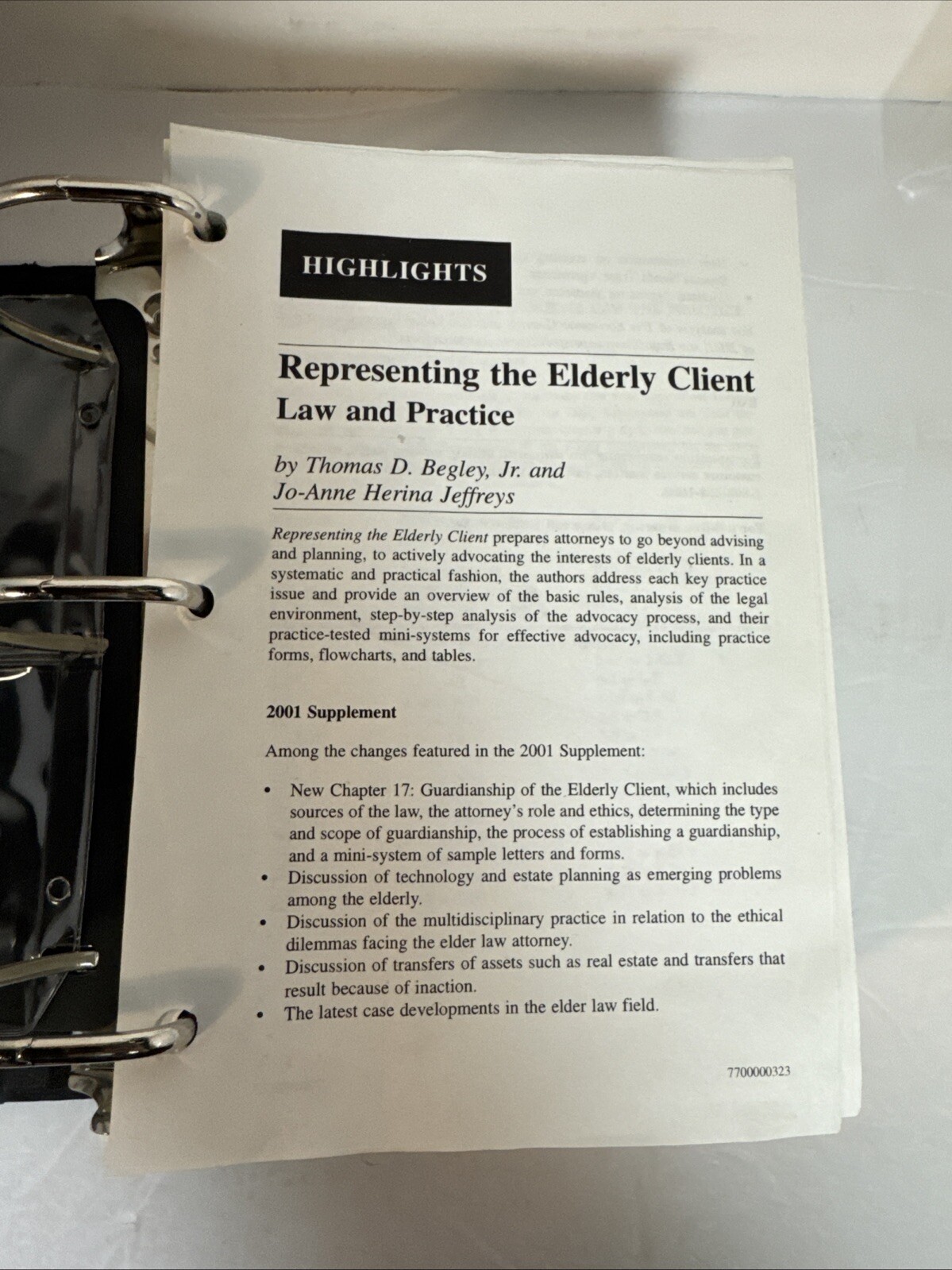 Representing The Elderly Client 2001 Binder W/diskette.