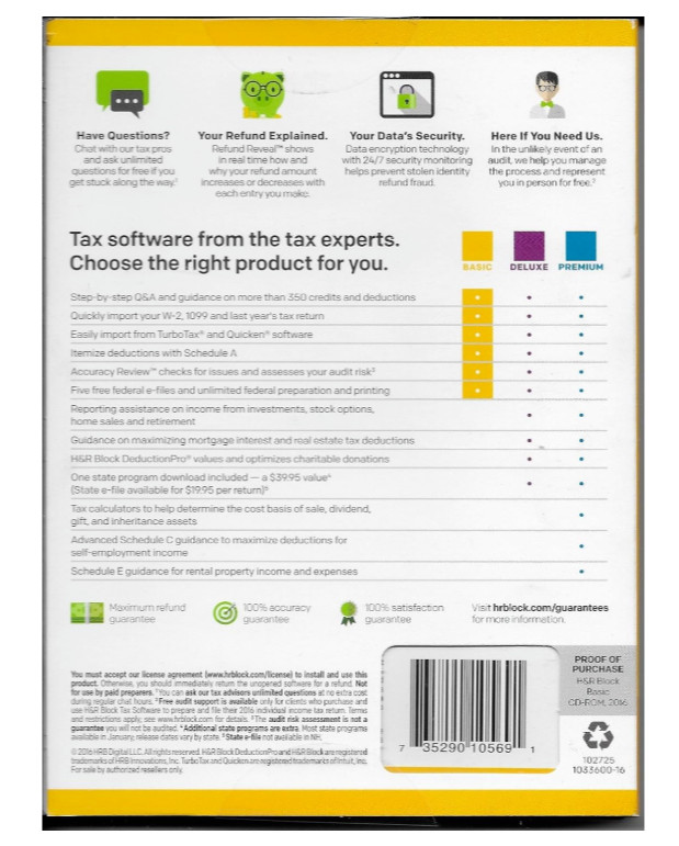 H&R Block 2016 Basic Tax Software Federal (Windows and Mac) CD-