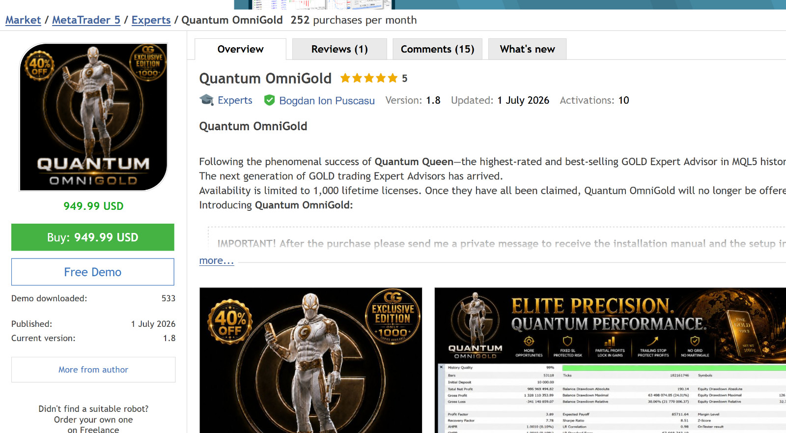 v1.8 Quantum OmniGold EA Metatrader MT5 Bot Trading Robot MQL5 Expert Advisor