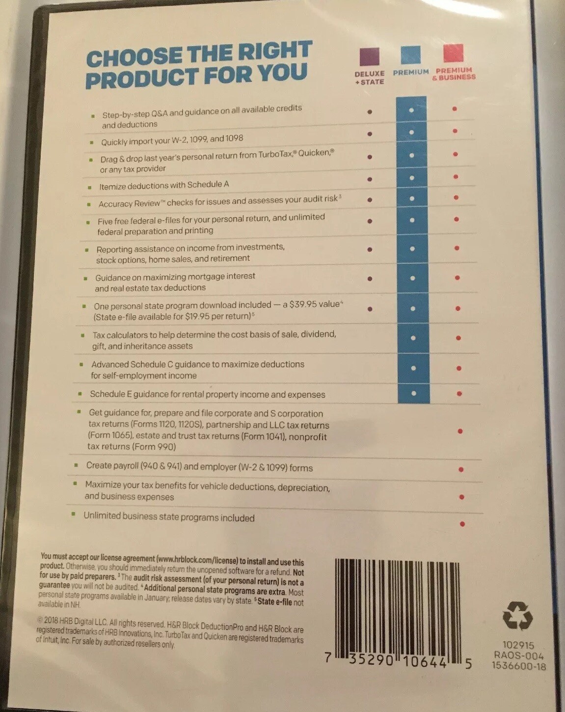 H&R Block Tax Software Self Employed/Rental Premium 2018 CD + Download *new*