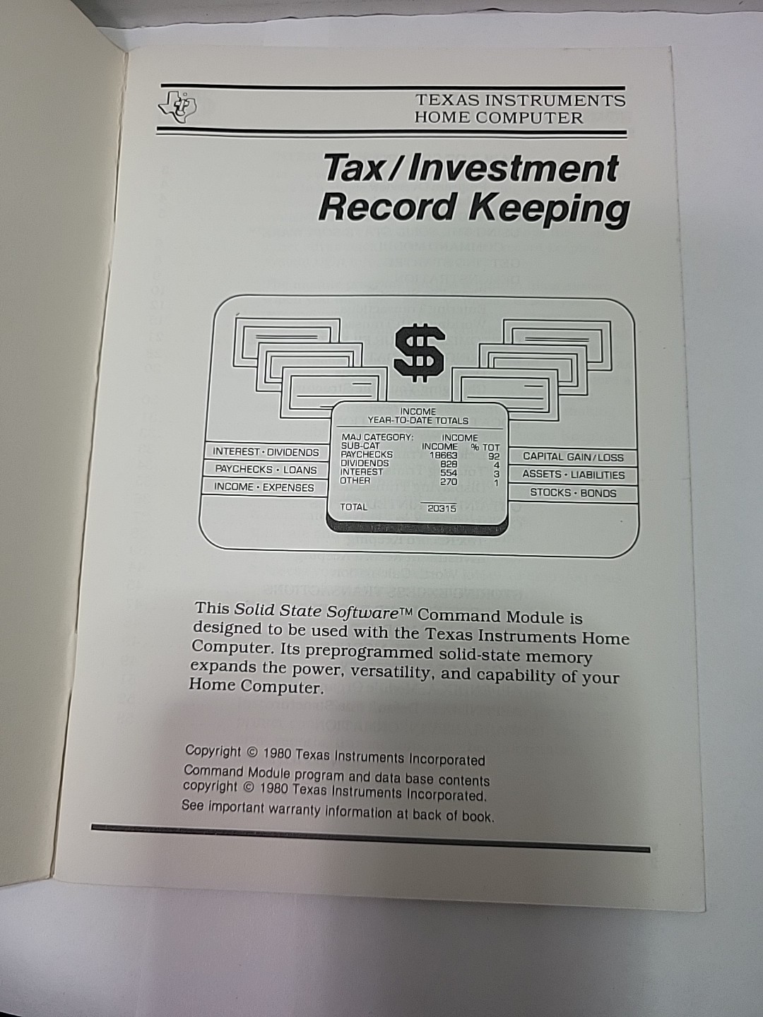 Tax/Investment Record Keeping black cartridge Texas Instruments TI994A . C 1980