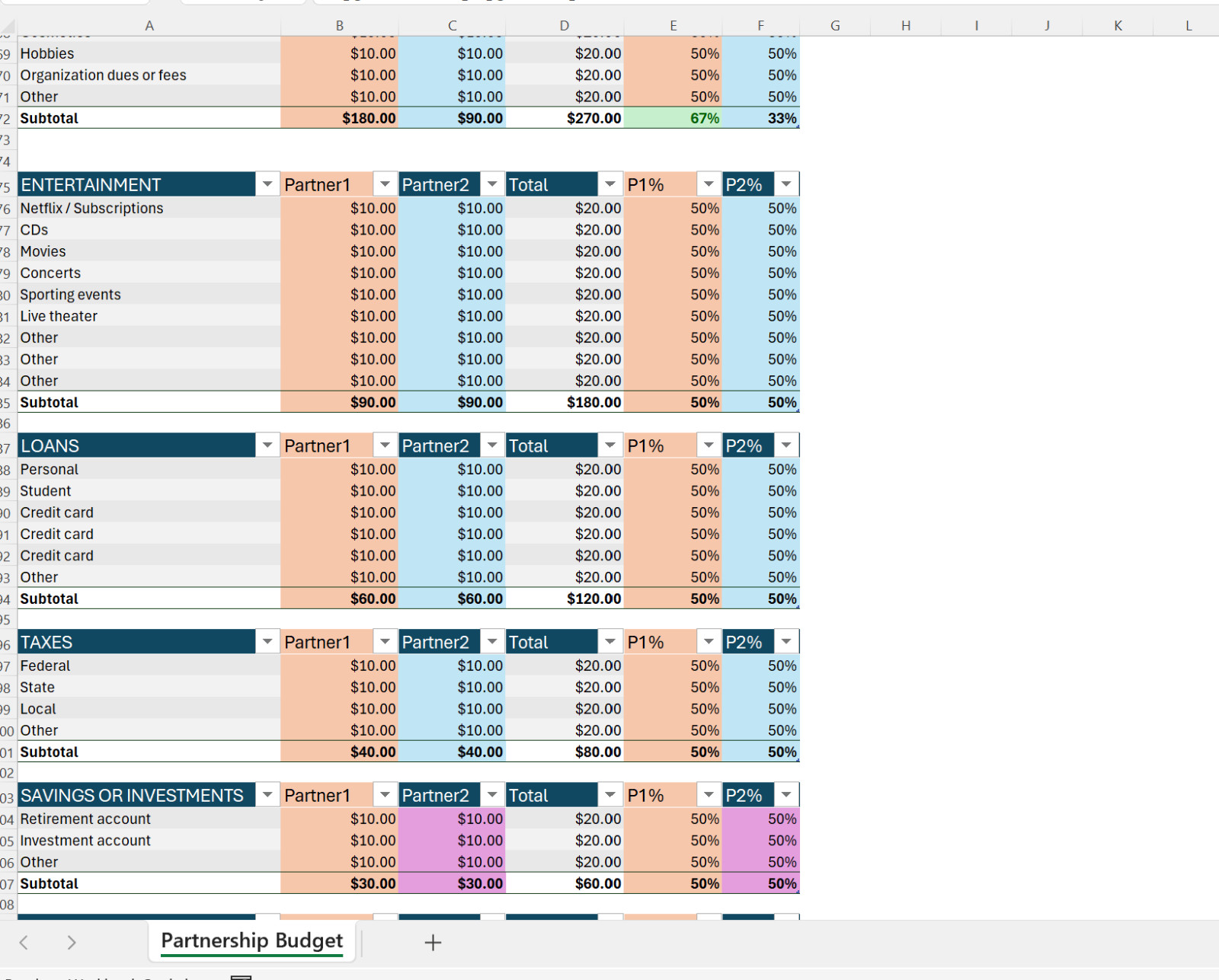 Roommates | Partners | Divorce Excel Budget | Domestic Partners – Digital