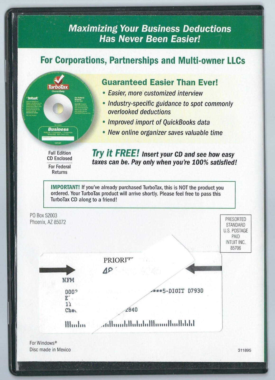 Intuit TurboTax Business for Federal Returns Tax Year 2007