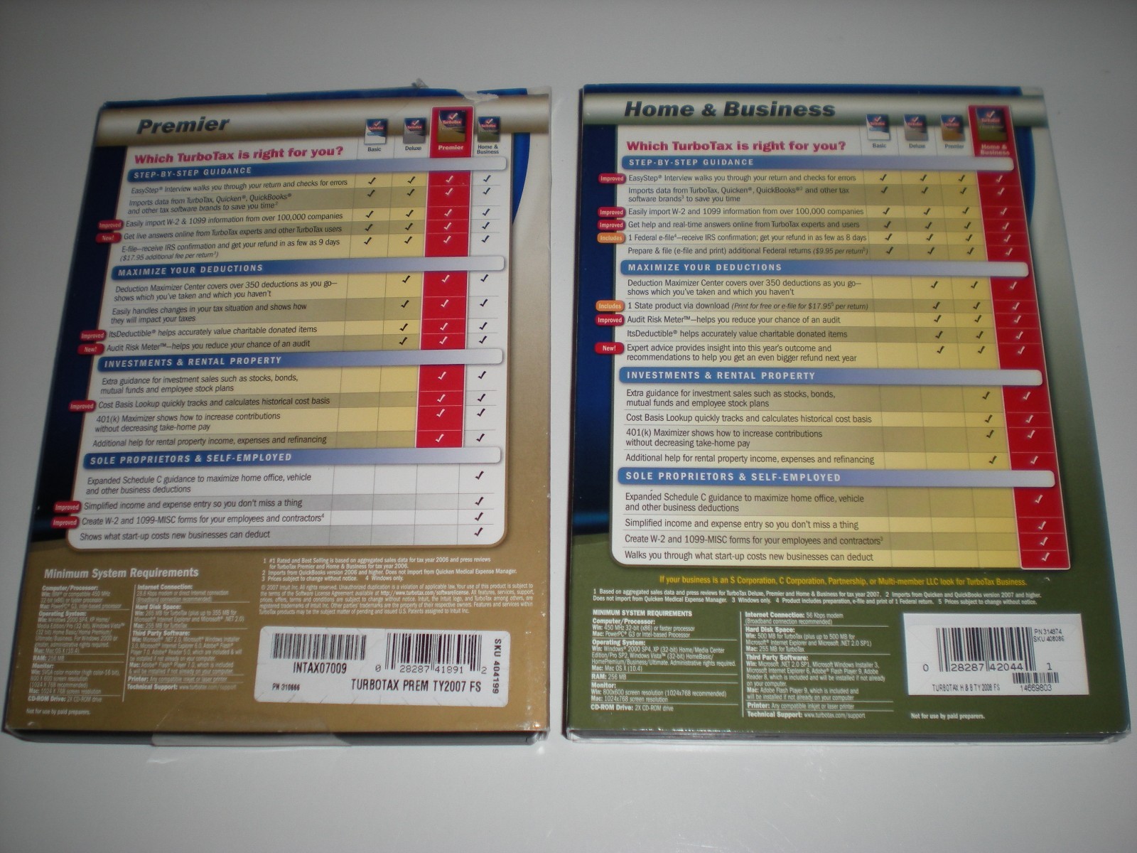 Turbotax 2007 Premier (ugly box) and 2008 Home & Business. New sealed packages.